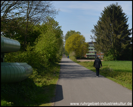 Bahntrassenradweg, begleitet von Rohrleitungen