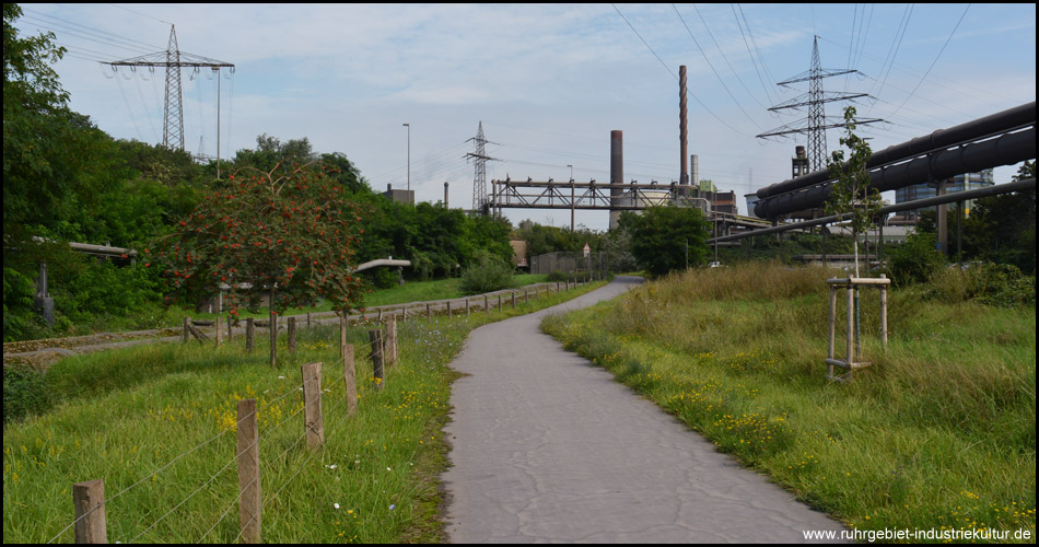 Radweg durchs Stahlwerk, begleitet von den Rohren des Pumpwerks links und für Dampf, Sauerstoff oder Stickstoff rechts