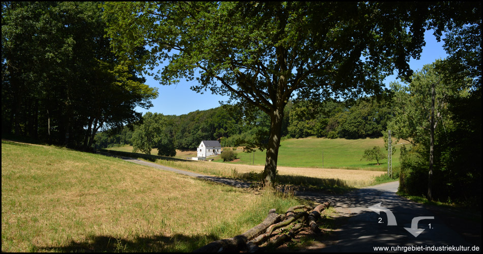 Hier kommen wir von der Riepelsiepenbrücke an: auf der Straße Hölteregge erst links zur Halde, dann in den Waldweg (s. Markierung)