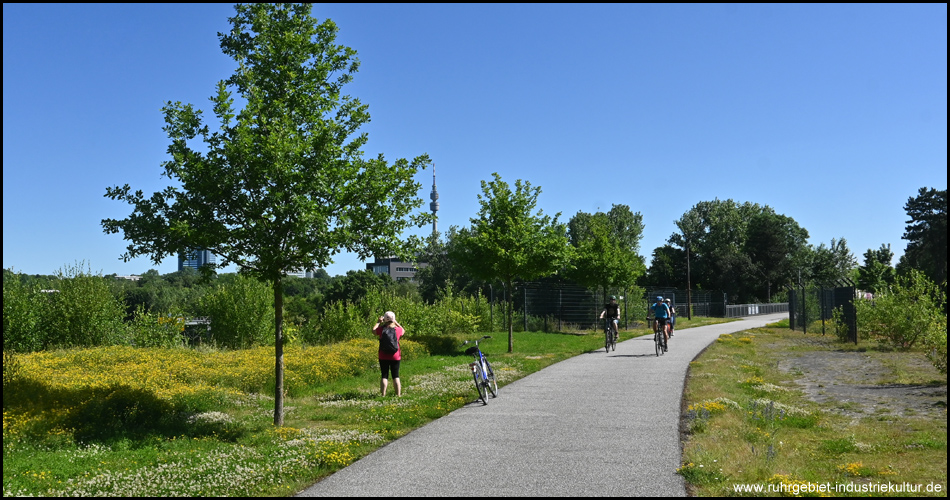 Radweg auf alter Bahntrasse mit Blick zum Florianturm in Dortmund