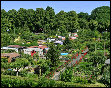 Blick vom Bahntrassenweg auf eine Kleingartenanlage