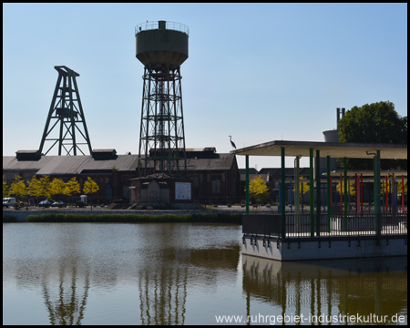 Fördergerüst, Wasserturm und Reiher auf dem Stegdach