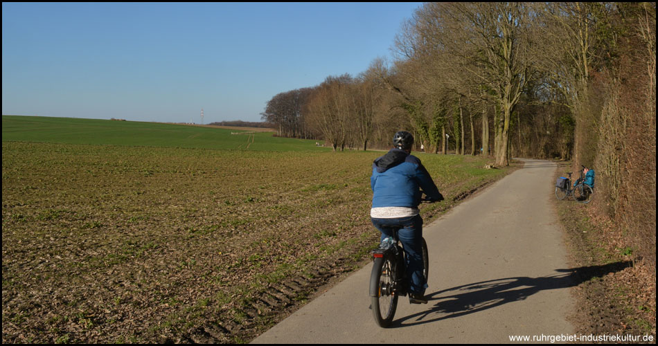 Der Weg schlängelt sich im oberen Teil des Tals am Waldrand entlang. Mit dem Fahrrad geht es zügig bergab