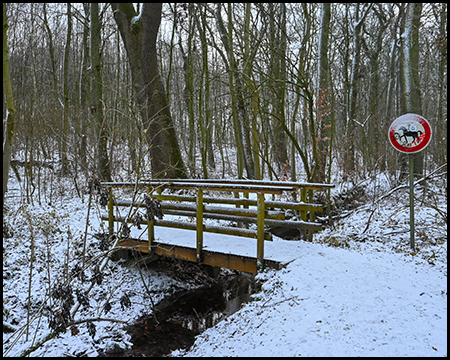 Kleine Holzbrücke über einen Bach im verschneiten Winterwald, daneben ein rundes Verbotsschild