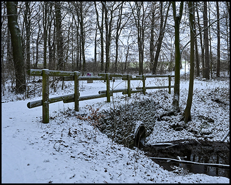 Hölzerner Weidezaun am Bachlauf im Schnee, umgeben von kahlen Bäumen