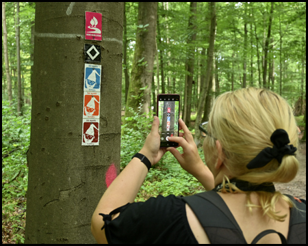 Eine Frau fotografiert mit dem Handy an einem Baum angebrachte Wegzeichen am Dachsberg in der Haard