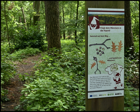 Schild im Wald mit Einladung, mit Kindern durch den Wald zu gehen und Früchte zu sammeln