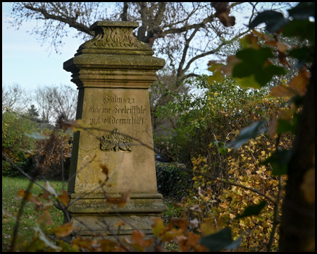 Ein großer Grabstein in einer Wiese mit Busch im Herbstlaub