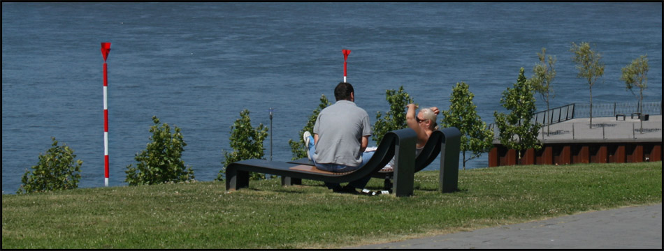 Auf Liegebänken lässt sich in der Sonne der rege Verkehr auf dem Wasser beobachten