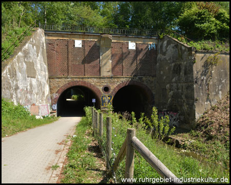Tunnel unter der Eisenbahn für Fluss und Radweg