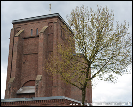 32 Meter hoher Turm aus Ziegelstein und Straßenbaum