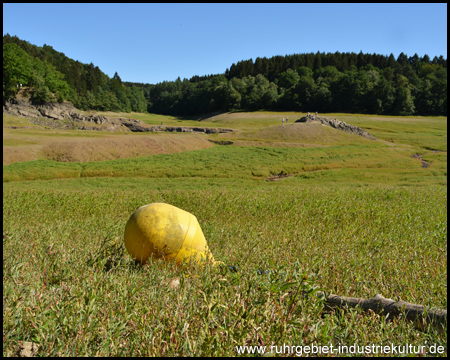 Eine Boje am Naturbad liegt auf dem Trockenen