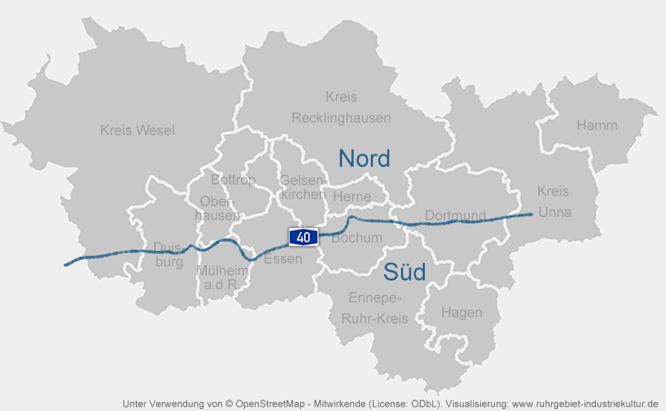Schematische Karte, die das Ruhrgebiet in Süd und Nord teilt. Die Grenze bildet die A40