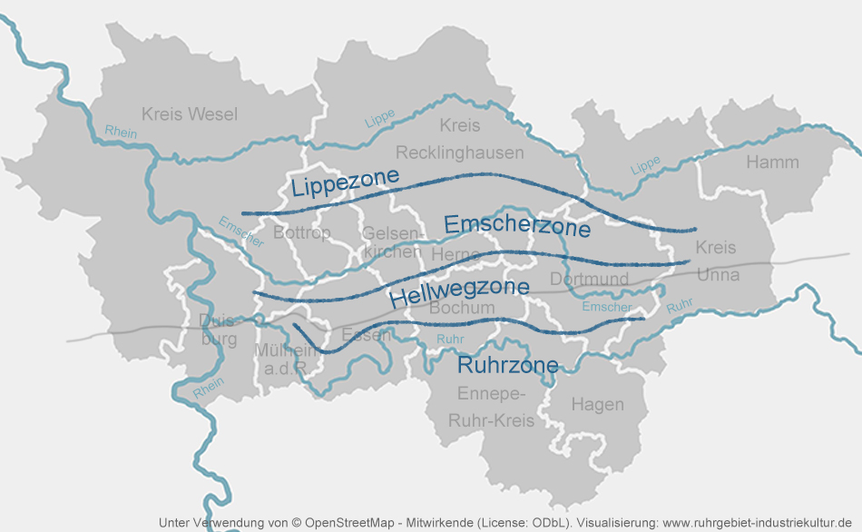 Schematische Karte, die das Ruhrgebiet in drei Gebiete teilt, die Flussläufen folgen: Ruhr, Lippe und Emscher sowie die Hellwegzone entlang der alten B1