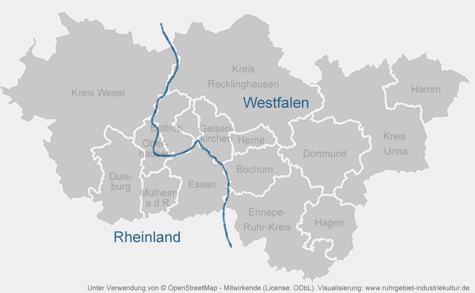Eine schematische Karte, die das Ruhrgebiet in Rheinland und Westfalen teilt.
