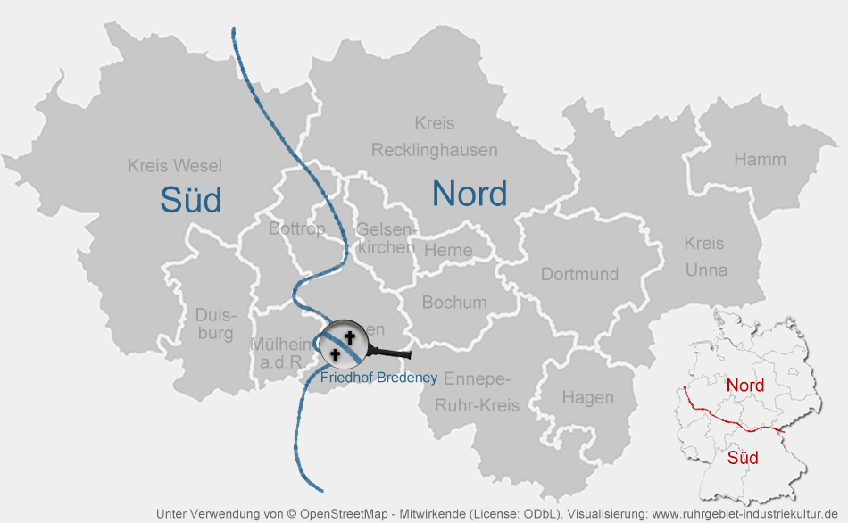 Schematische Karte, die das Ruhrgebiet in Süd und Nord teilt. Eine Lupe zeigt einen Friedhof
