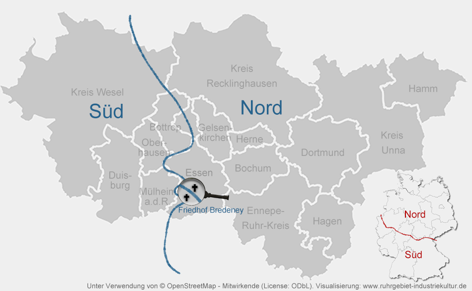 Schematische Karte, die das Ruhrgebiet in Süd und Nord teilt. Eine Lupe zeigt einen Friedhof