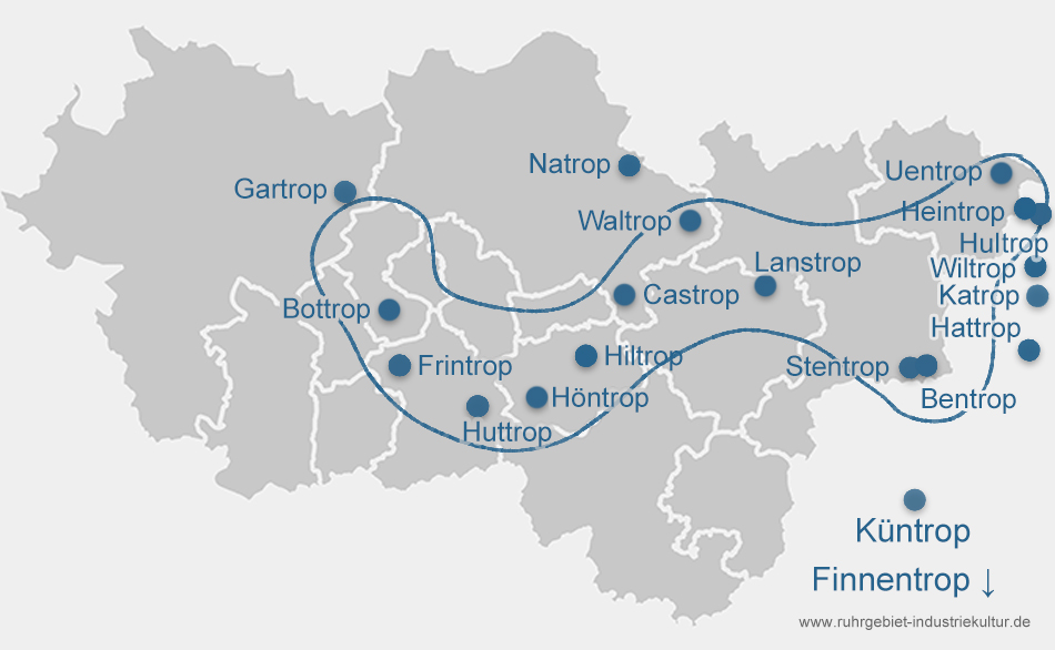Eine Karte vom Ruhrgebiet mit eingezeichneten Orten, die mit "Trop" enden, wie Bottrop, Huttrop, Castrop