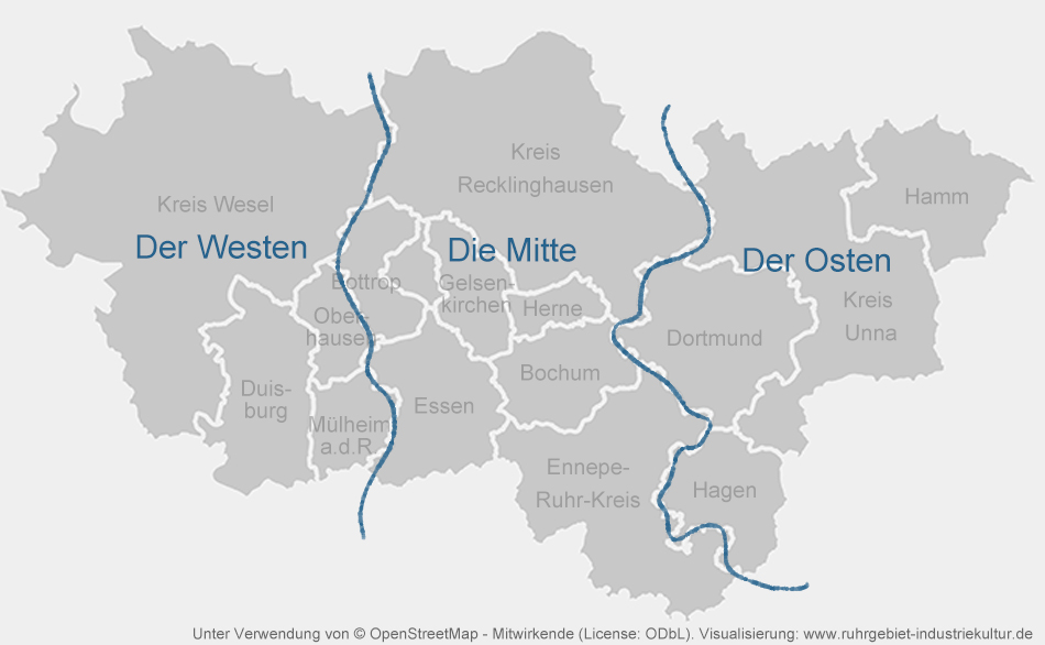 Eine schematische Karte, die das Ruhrgebiet in Ost, Mitte und West teilt.