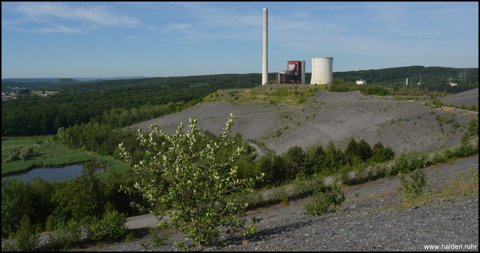 Blick auf den Kohlbachweiher (Ausschnitt), das Kraftwerk und den Solarpark. Hinten links ist die Halde Lydia zu sehen.