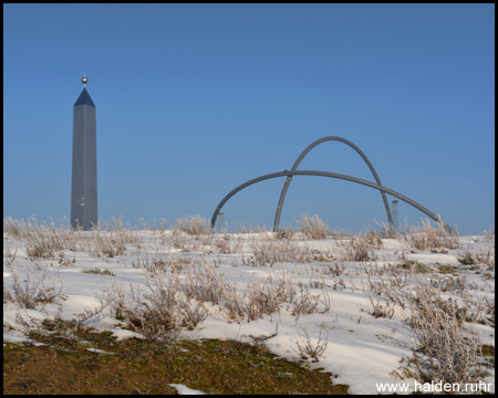 Spitze von Obelisk und Observatorium hinter vereisten Pflanzen