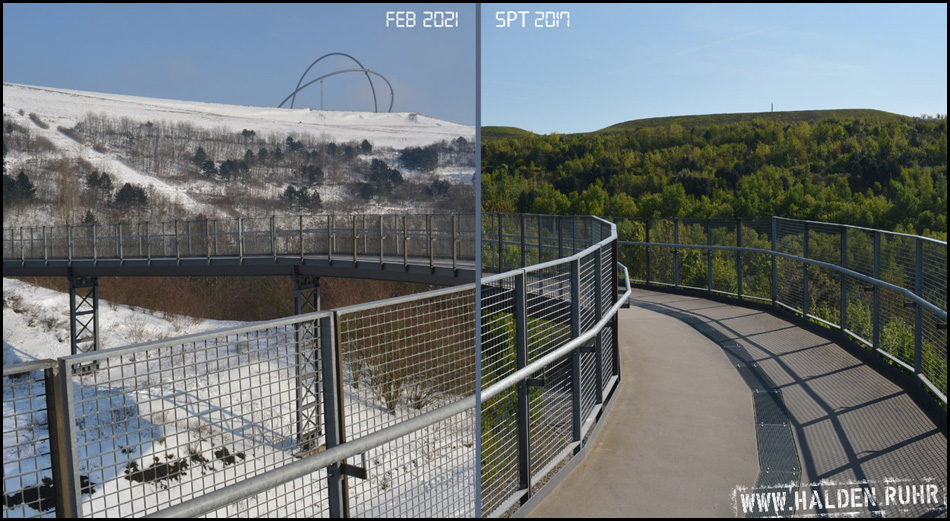 Gegenüberstellung der Aufnahmen vom Winter 2021 und September 2017: Promenadenbrücke
