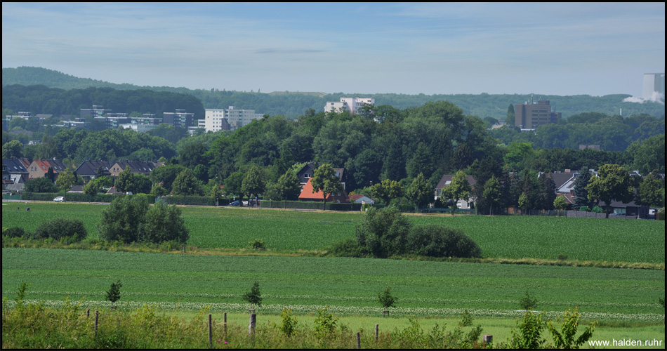 Vom Windrad am Turmweg ist nicht nur Halde Großes Holz (Höhenzug im Hintergrund) sichtbar: Baumbewachsene Halde Kiwitt (Mitte)