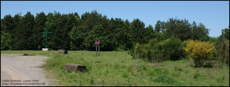 Gipfelplateau der Halde Brassert III mit Gipfelkreuz und Namensschild