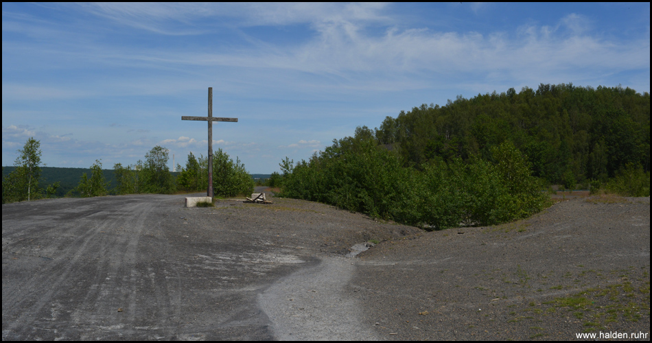 Holzkreuz auf dem Gipfelplateau, im Hintergrund ist der dicht bewaldete Spitzkegel zu sehen