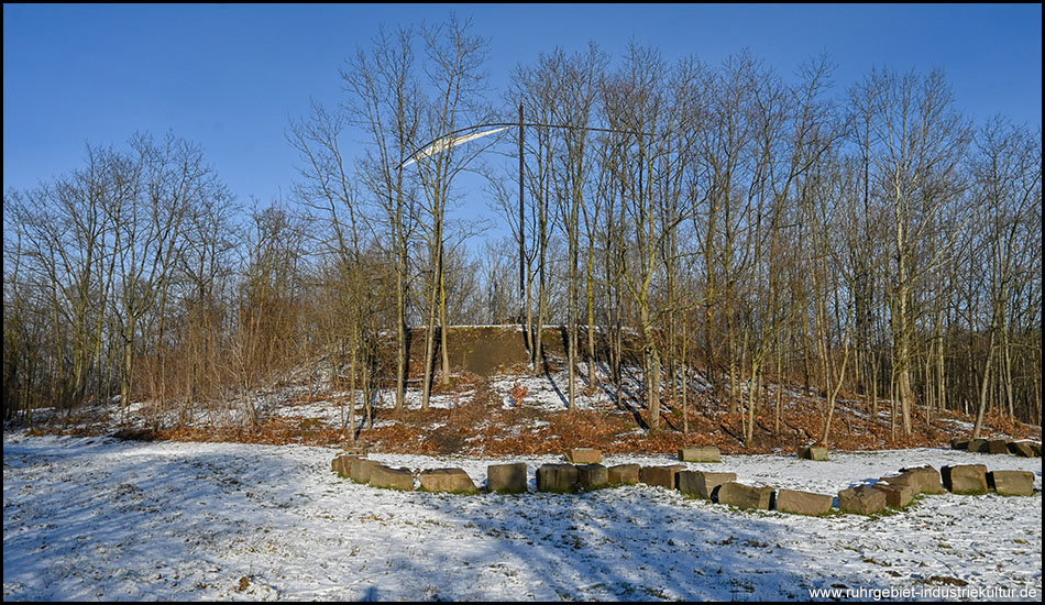 Steinkreis aus großen Felsblöcken auf verschneiter Wiese vor bewaldetem Hügel mit einer großen Fahne für Windrichtung unter klarem Himmel.