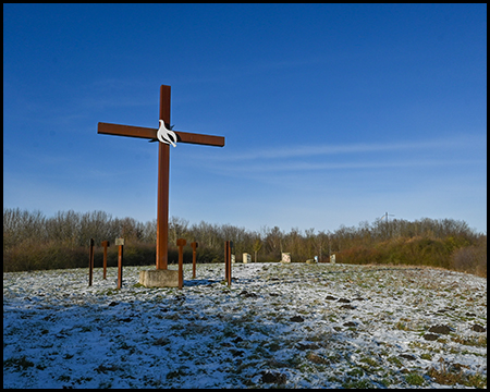 Stahlkreuz auf leicht verschneiter Hügelkuppe, dahinter Baumreihe unter klarem Himmel.