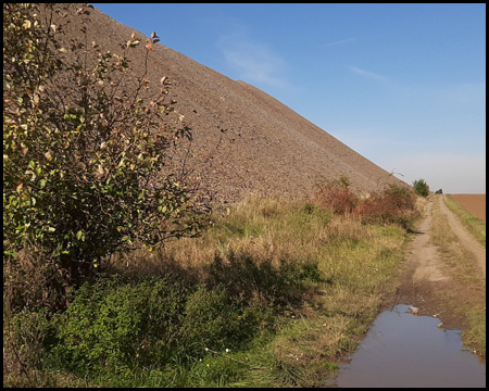 Ein Feldweg führt direkt an der Halde vorbei