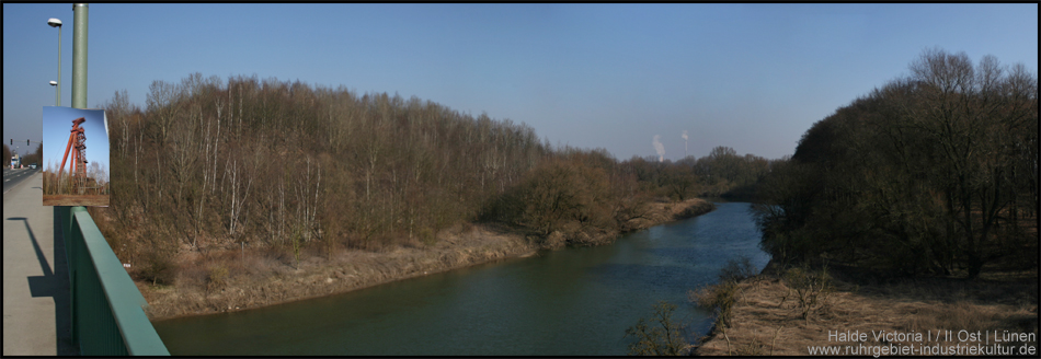 Panoramabild mit der Halde Victoria I / II Ost am Ufer der Lippe gesehen von der Brücke Zwolle-Allee