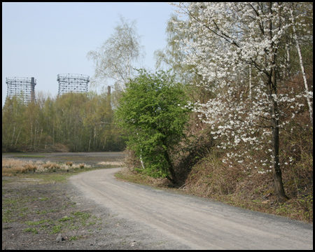 Halde Zollverein XII, hinten Gerippe von Kühltürmen der Kokerei