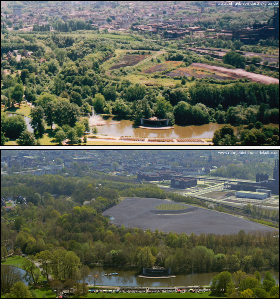 Entwicklung der Halde Hympendahl, gesehen vom Florianturm 2000 (oben, Fotoscan) und 2013 (unten)