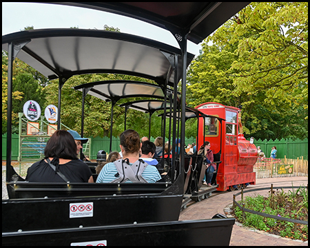 Eine Parkeisenbahn mit roter Lok und schwarzen Waggons mit Passagieren, aus dem Zug aufgenommen