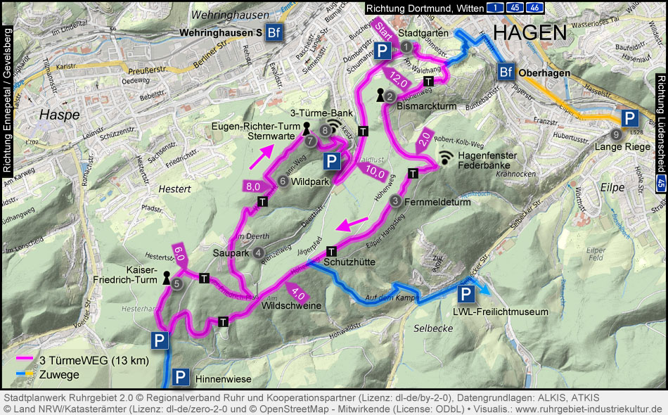 Karte 3 Türme Weg (Drei-Türme-Weg Hagen)