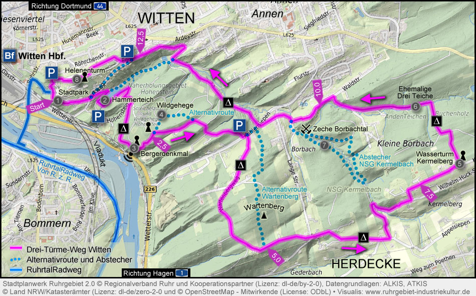 Karte Drei-Türme-Weg Witten