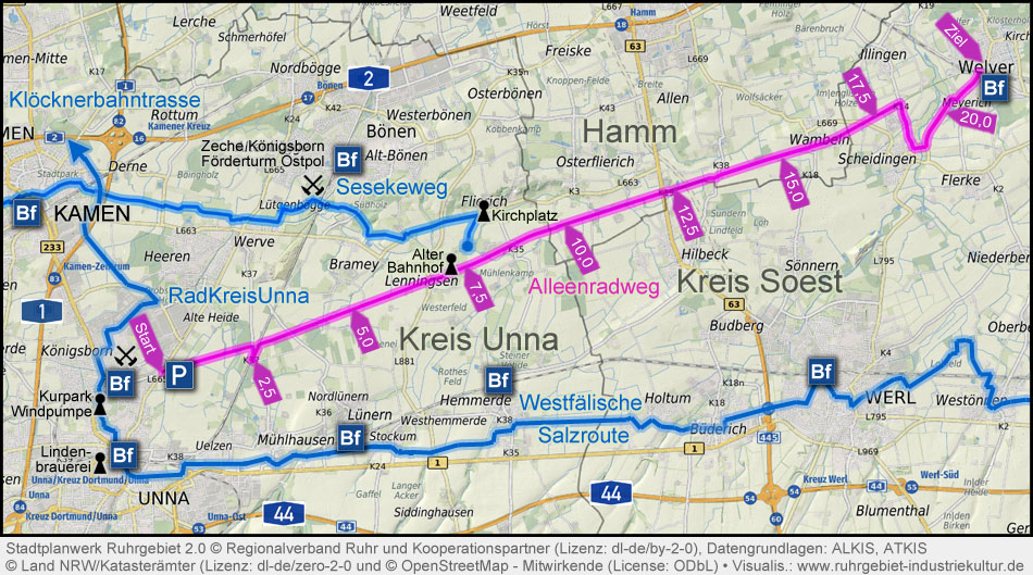 Übersichtskarte Alleenradweg Unna-Welver