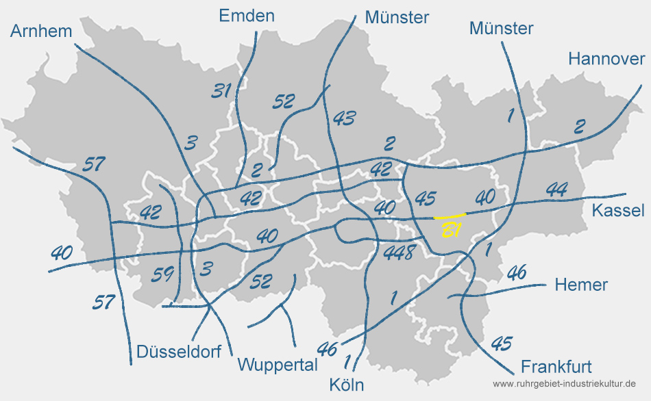 Schematische Karte mit Autobahnen im Ruhrgebiet