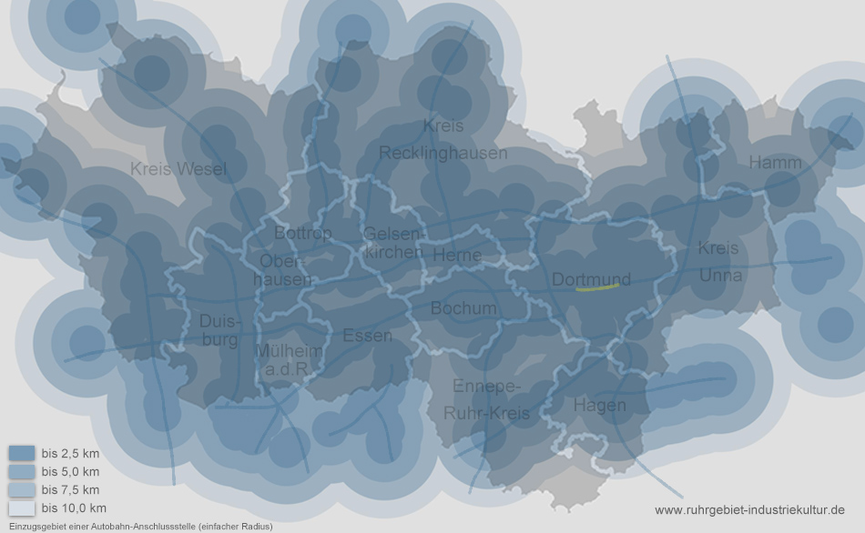 Karte mit dem Einzugsgebiet von Autobahn-Anschlussstellen im Ruhrgebiet