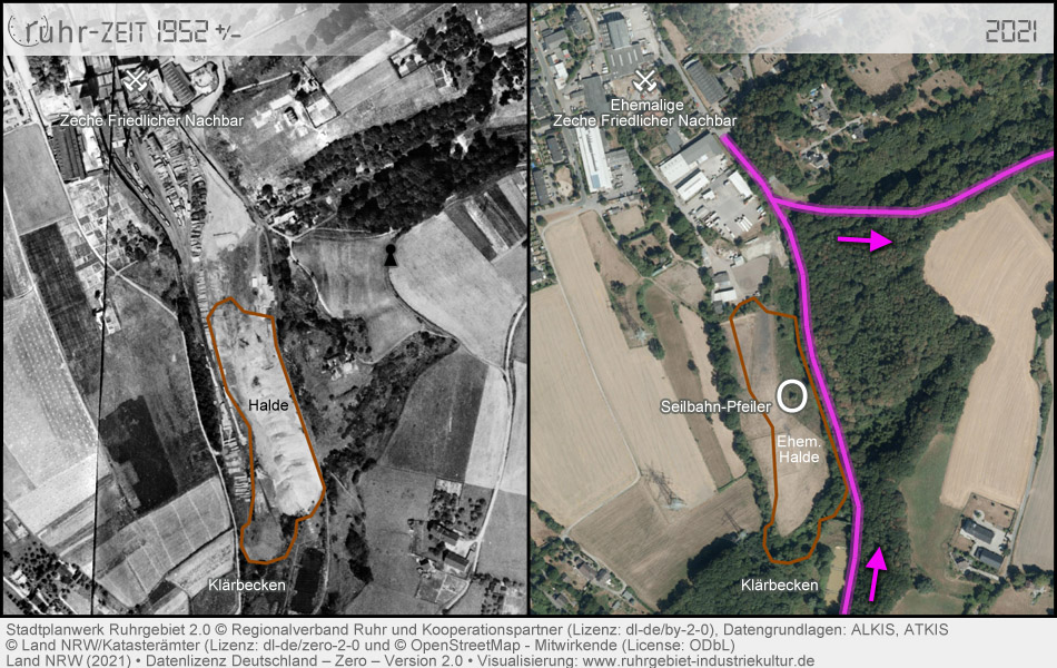 Früher-Heute-Luftbildvergleich der Zeche Friedlicher Nachbar