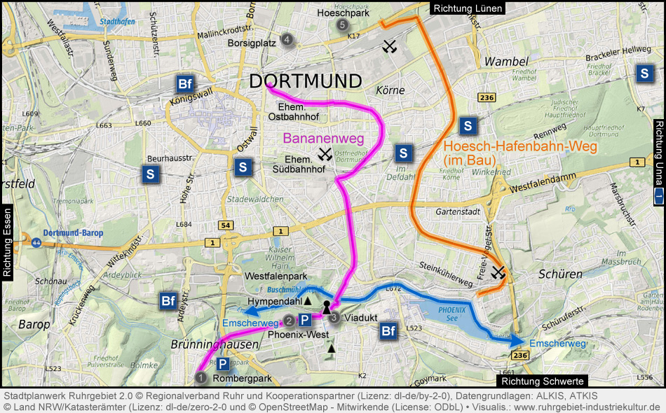 Karte Bananenweg und Hoesch-Hafenbahn-Weg in Dortmund