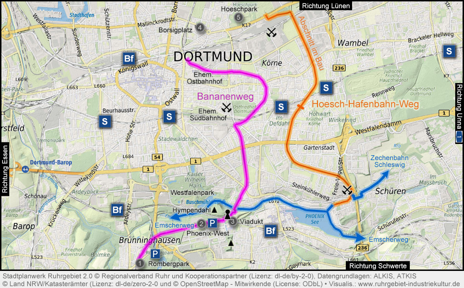 Karte Bananenweg und Hoesch-Hafenbahn-Weg in Dortmund