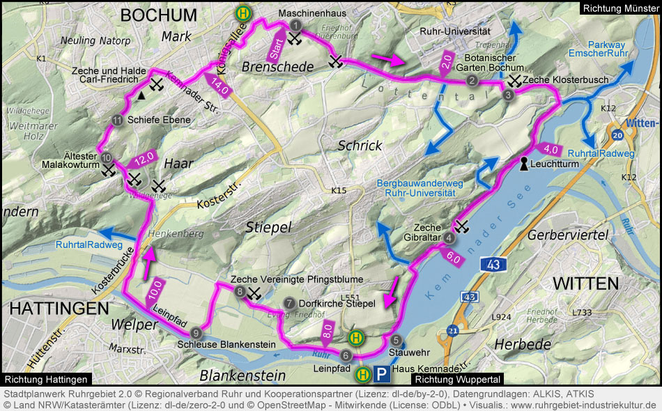 Übersichtskarte Bergbauwanderweg Bochum-Süd (Lottental-Stausee-Stiepel-Rauendahl)