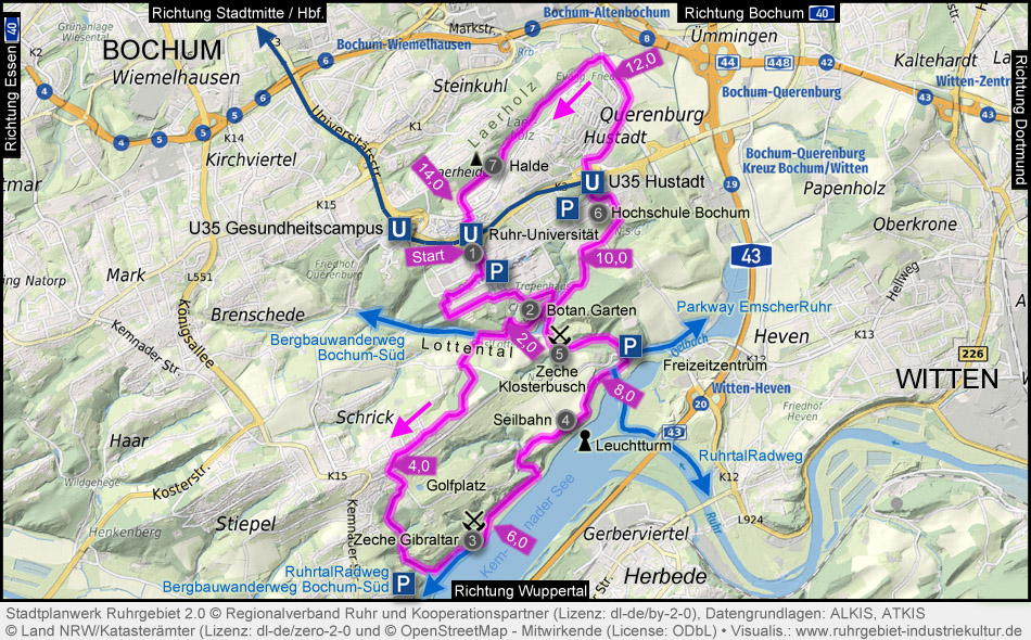 Karte Bergbauwanderweg Ruhr-Universität