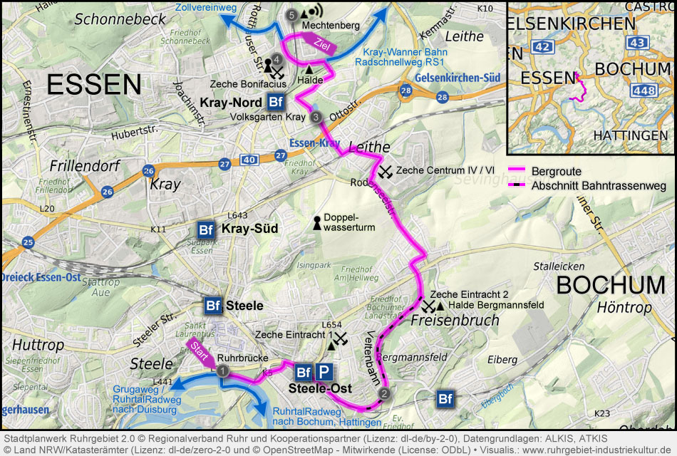 Übersichtskarte Radweg Bergroute in Essen