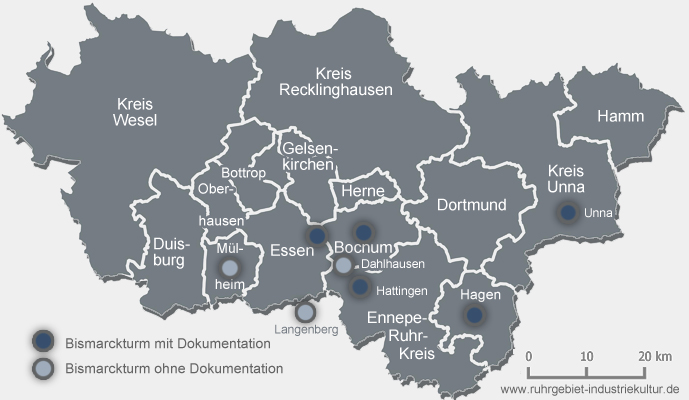 Übersichtskarte Bismarcktürme im Ruhrgebiet
