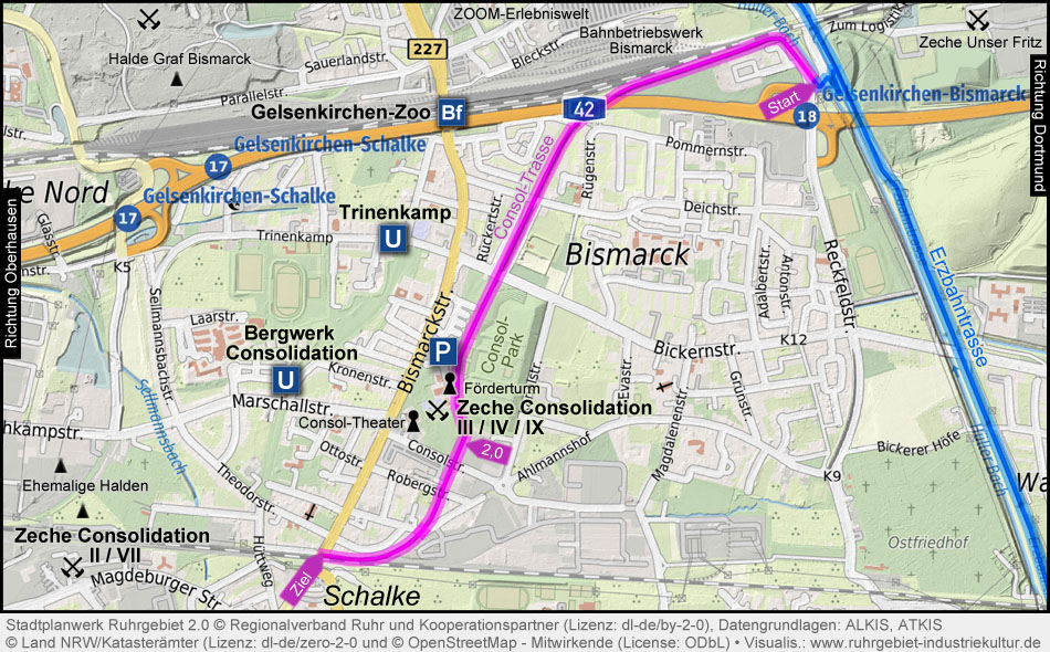 Übersichtskarte Zeche Consol und Consol-Trasse