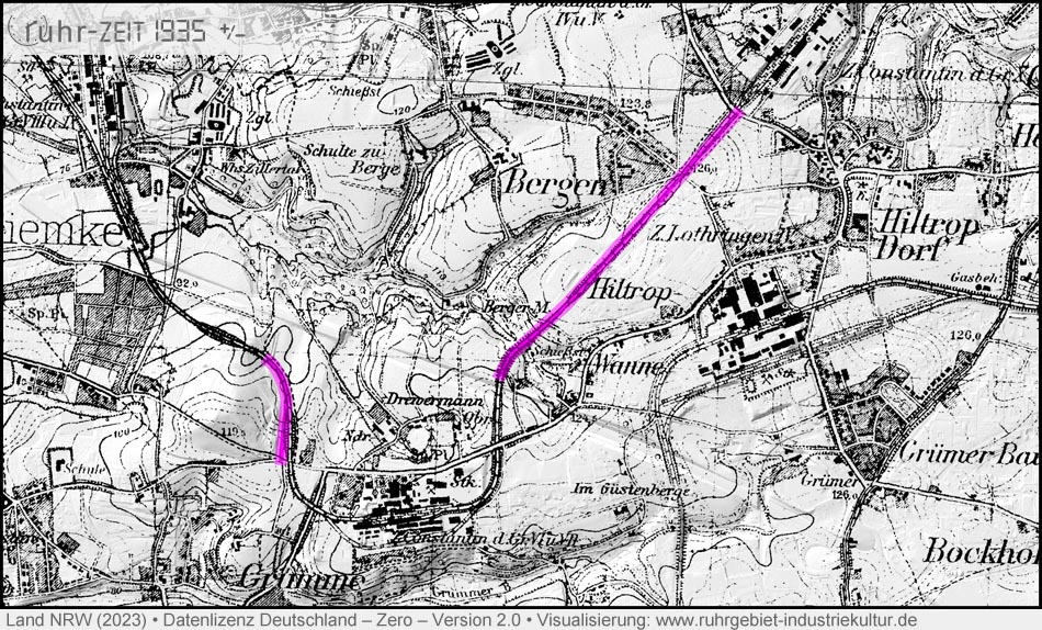 Karte der 1930er Jahre mit den Schachtanlagen und Bahntrassen der Zeche Constantin in Bochum und Herne